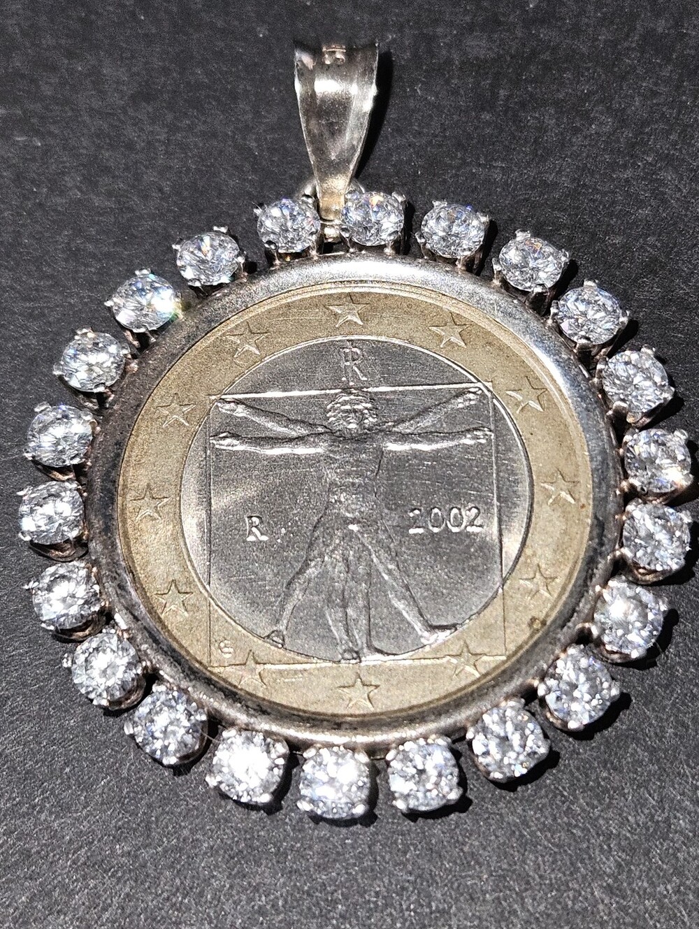 Italian Euro Coin Vitruvian Man Coin Crystal Rhinestone Pendant